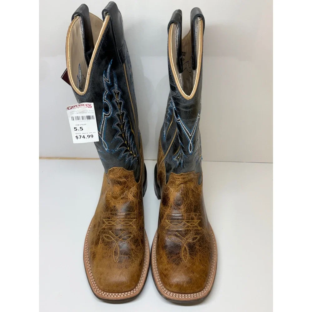 Old West BSY1960 Youth Cowboy Boots Burnt Tan Navy Blue Wide Square Toe 5.5 D